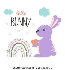 vector illustration with cute rabbit, rainbow and lettering little bunny, spring print for kids, cartoon card in flat style