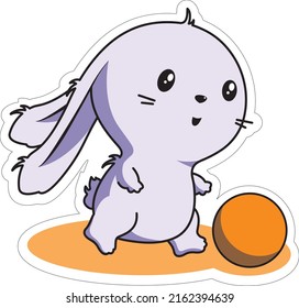 Vector illustration of a cute rabbit running after a ball. Rabbit is playing football. Isolated. Flat style. An icon or sticker. Kawaii