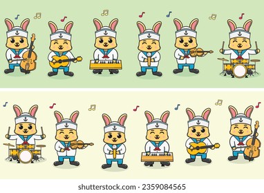 Vector Illustration of Cute Rabbit sailors Music Band. Big set of cute Animal cartoon in professions. Rabbit Cartoon flat style.