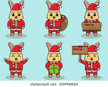 Vector illustration of cute Rabbit Santa mascot or character. Christmas design element. Vector illustration isolated on light blue background