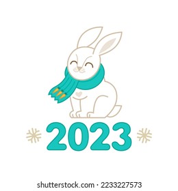 Vector illustration of cute rabbit in scarf. White Bunny. Premade card template. New Year's illustration of the Rabbit. Symbol of 2023 in the Lunar calendar, isolated. Black Water Rabbit 2023