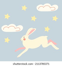 Vector illustration with a cute rabbit, stars and clouds. A beautiful running rabbit on a blue background. Baby shower background, wall art, postcards.