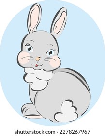 vector illustration of a cute rabbit with sweet blue eyes on light blue oval background