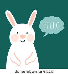 Vector illustration of cute rabbit and text "Hello". Childish background with smiling cartoon character.