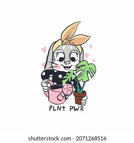 vector illustration of cute rabbit with watering can and monstera plant.Lettering plant power. You can use this set as a print for clothes, a poster, a sticker or whatever you like!