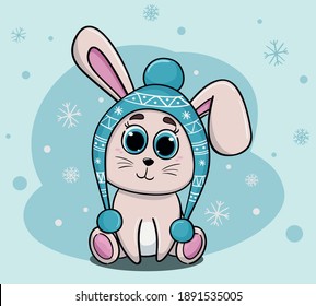 vector illustration of a cute rabbit wearing a winter hat