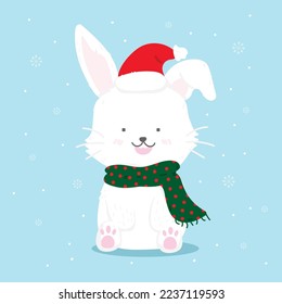 vector illustration cute rabbit wearing Santa Claus hat .Celebrate Christmas, New Year