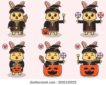 Vector illustration of cute Rabbit with Witch costume. Rabbit character vector design. Good for label, sticker, clipart.