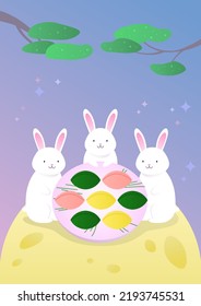 Vector illustration of cute rabbits eating traditional Korean dessert.