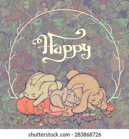 Vector illustration of Cute rabbit's family in flowers frame. Can be used like greetings card