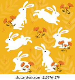 Vector illustration with cute rabbits and flowers.
