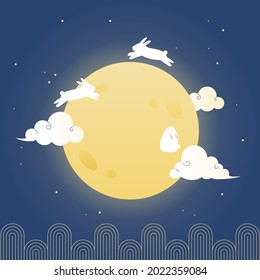 Vector illustration of cute rabbits and full moon.