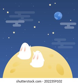 Vector illustration of cute rabbits and full moon.