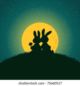 Vector illustration, cute rabbits under the moonlight, cartoon concept.