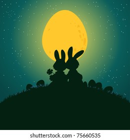 Vector illustration, cute rabbits under egg light, card concept.