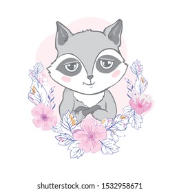 Vector illustration with cute raccoon.
