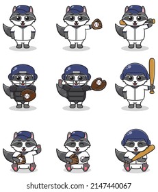 Vector Illustration of Cute Raccoon with Baseball costume. Set of cute Raccoon characters.