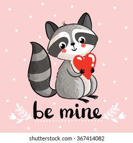 Vector illustration with cute raccoon holding in the hands of the heart. Perfect for greeting cards for Valentine's Day. 