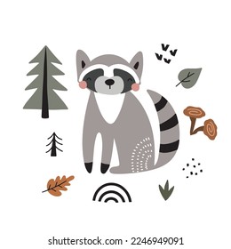 Vector illustration with a cute raccoon on a white background in the Scandinavian style for the design of posters, postcards, textiles