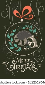 Vector illustration of cute raccoon. Picture of  christmas tree decoration and  marry christmas lettering.