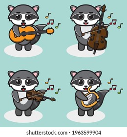 Vector illustration of cute Raccoon play music cartoon. Cute Raccoon expression character design bundle. Good for icon, logo, label, sticker, clipart.
