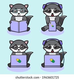 Vector illustration of cute Raccoon play laptop and read book cartoon. Cute Raccoon expression character design bundle. Good for icon, logo, label, sticker, clipart.