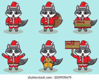 Vector illustration of cute Raccoon Santa mascot or character. Christmas design element. Vector illustration isolated on light blue background