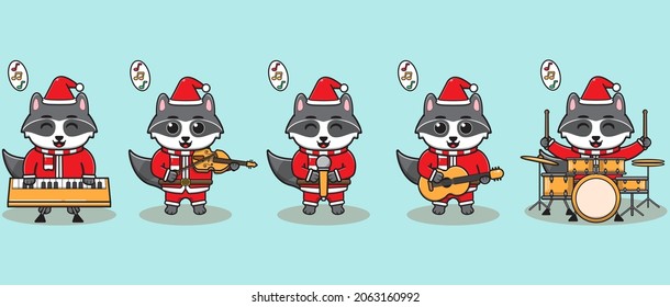 Vector illustration of Cute Raccoon Santa Claus play a musical instrument. Good for icon, label, sticker, clipart.