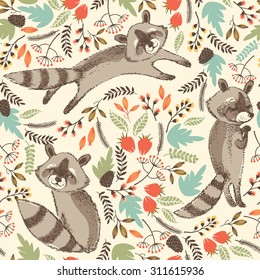 Vector illustration of cute raccoon. Seamless pattern.