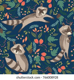 Vector illustration of cute raccoon. Seamless pattern.