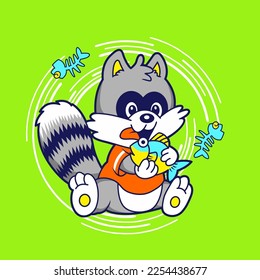 Vector illustration of a cute raccoon  , sitting  eating fish, animal cartoon style