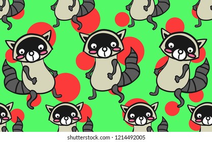 Vector illustration of cute raccoon with small polka dot seamless pattern background.
