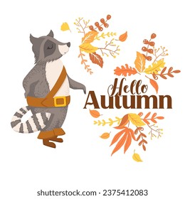 Vector illustration with cute racoon character, autumn leaves and lettering isolated on white background. Illustration for Thanksgiving greeting card template, invitation, poster