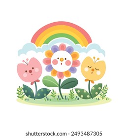 Vector Illustration of Cute rainbow with beautiful flower