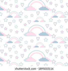 vector illustration of a cute rainbow with clouds. clouds with hearts and stars in pastel colors