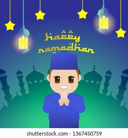 vector illustration cute ramadan card kid mulsim islamic 