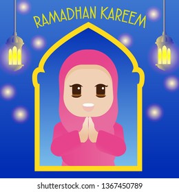 vector illustration cute ramadan card kid mulsim islamic 