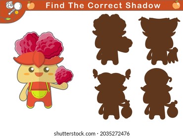 vector illustration of a cute raspberry mascot. Find the correct shadow, educational game for kids. set of cute fruit mascot. chibi cartoon. games suitable for kindergarten children, preschool, etc.