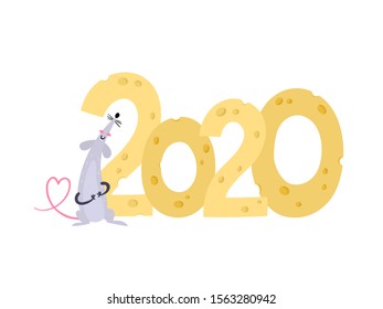 Vector illustration with cute rat and cheese year 2020 isolated on white. Colorful cartoon mouses - symbol chinese happy new year used for magazine, stickers, cards, calendar.