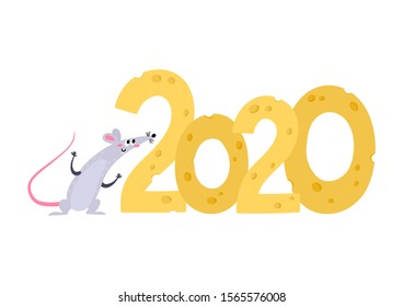 Vector illustration with cute rat and cheese year 2020 isolated on white. Colorful cartoon mouses - symbol chinese happy new year used for magazine, stickers, cards, calendar.