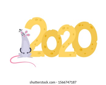 Vector illustration with cute rat and cheese year 2020 isolated on white. Colorful cartoon mouses - symbol chinese happy new year used for magazine, stickers, cards, calendar.