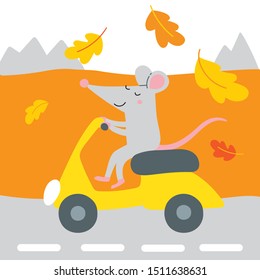 Vector illustration of cute rat on scooter traveling for autumn holiday. Can be used as a template for calendar, card, banner, invitation, children book, apparel.