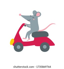 Vector illustration of cute rat on bike. Can be printed and used as a sticker, icon, logo, children's book, banner, card design, poster, placard, invitation, badge.