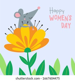 Vector illustration of cute rat sitting in flower and wishing Happy Women's Day. Can be used as a greeting card, placard, banner, invitation, poster, postcard.