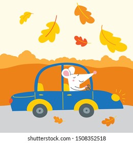 Vector illustration of cute rat traveling by car for autumn weekend, Thanksgiving holiday.. Can be used as a template for calendar, card, banner, invitation, children book, apparel.