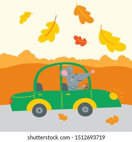 Vector illustration of cute rat traveling by car for autumn weekend, sale in shop, Thanksgiving holiday.. Can be used as a template for calendar, card, banner, invitation, children book, apparel.