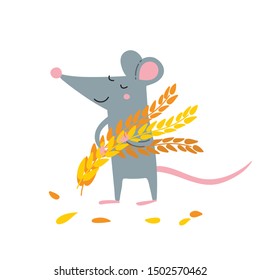 Vector illustration of cute rat with wheat grains harvest. Can be used as a template for calendar, card, banner, invitation, children book, apparel.