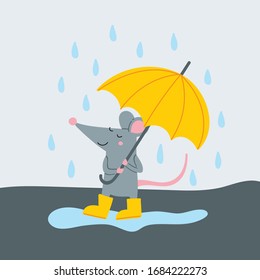 Vector illustration of cute rat in yellow rubber boots with umbrella walking in rainy day. Can be used as a template for your card design, placard, poster, postcard, banner, picture book