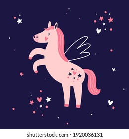 vector illustration of cute rearing unicorn on a dark blue background