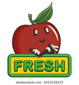 ilustración vectorial de una linda mascota de personaje de manzana roja que lleva un cartel que dice fresco
